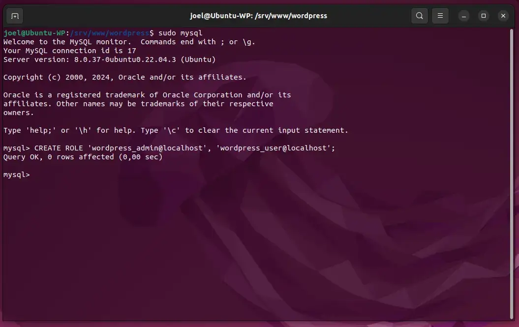 Create MySQL role in the terminal