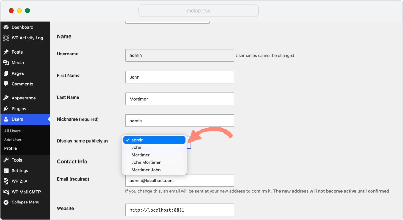 change how to display name publicly in WordPress user profile settings