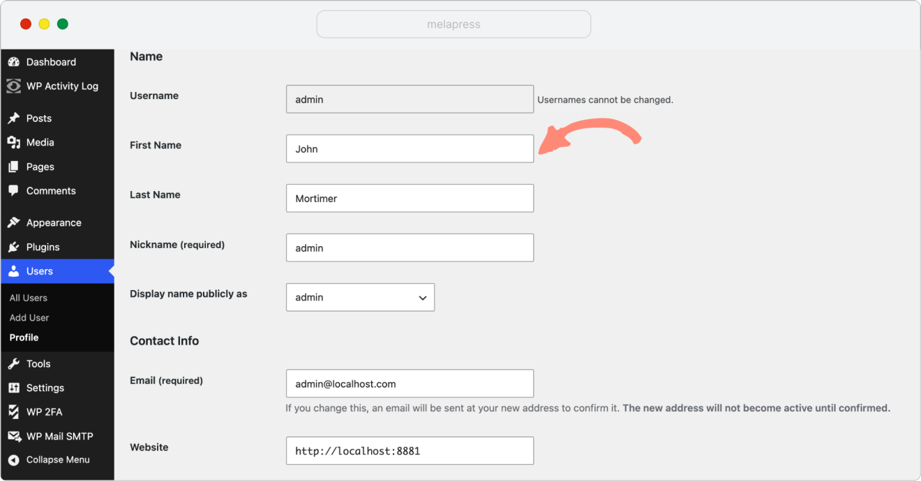 WordPress user profile settings tab