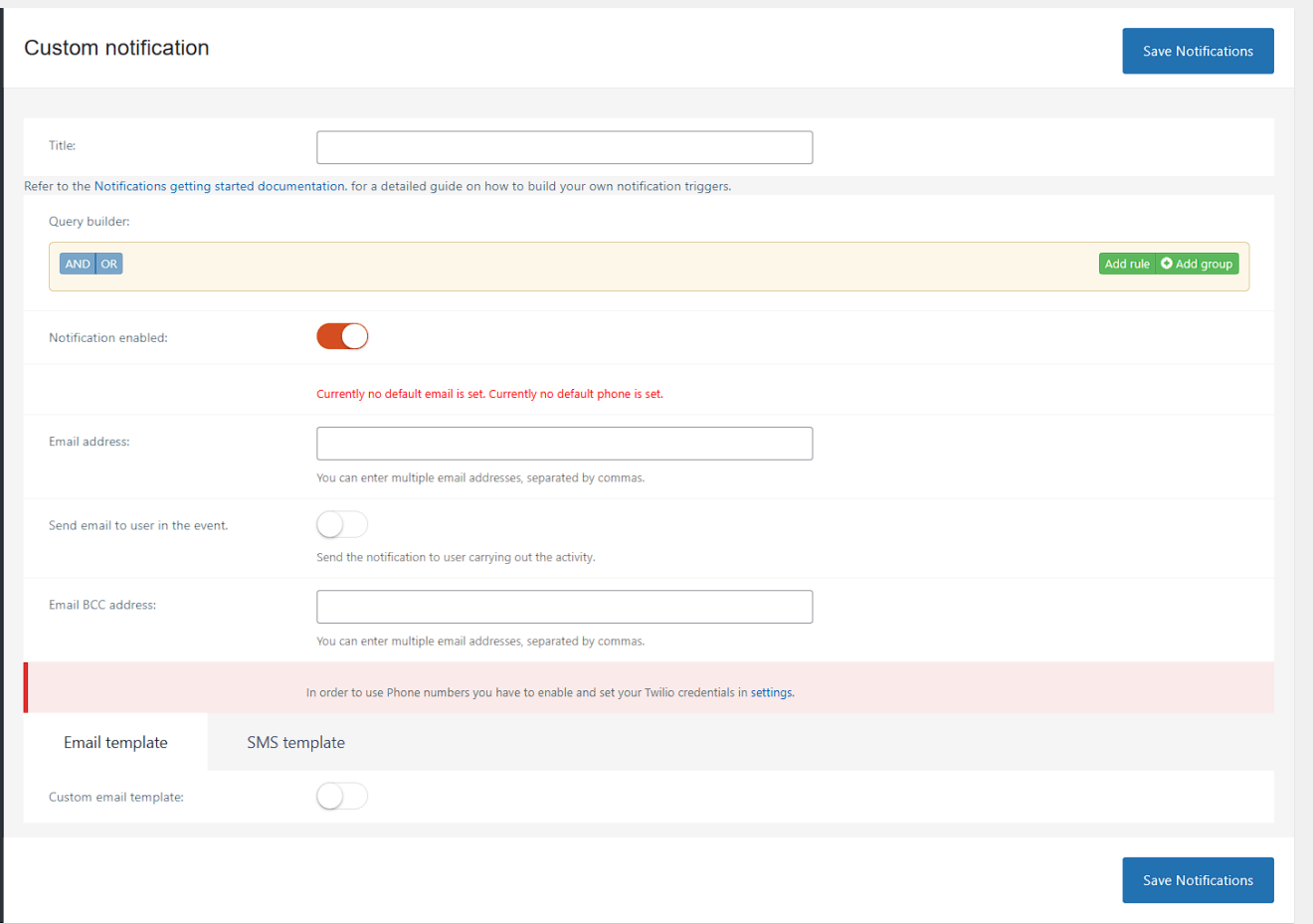 WP Activity Log custom notifications settings page