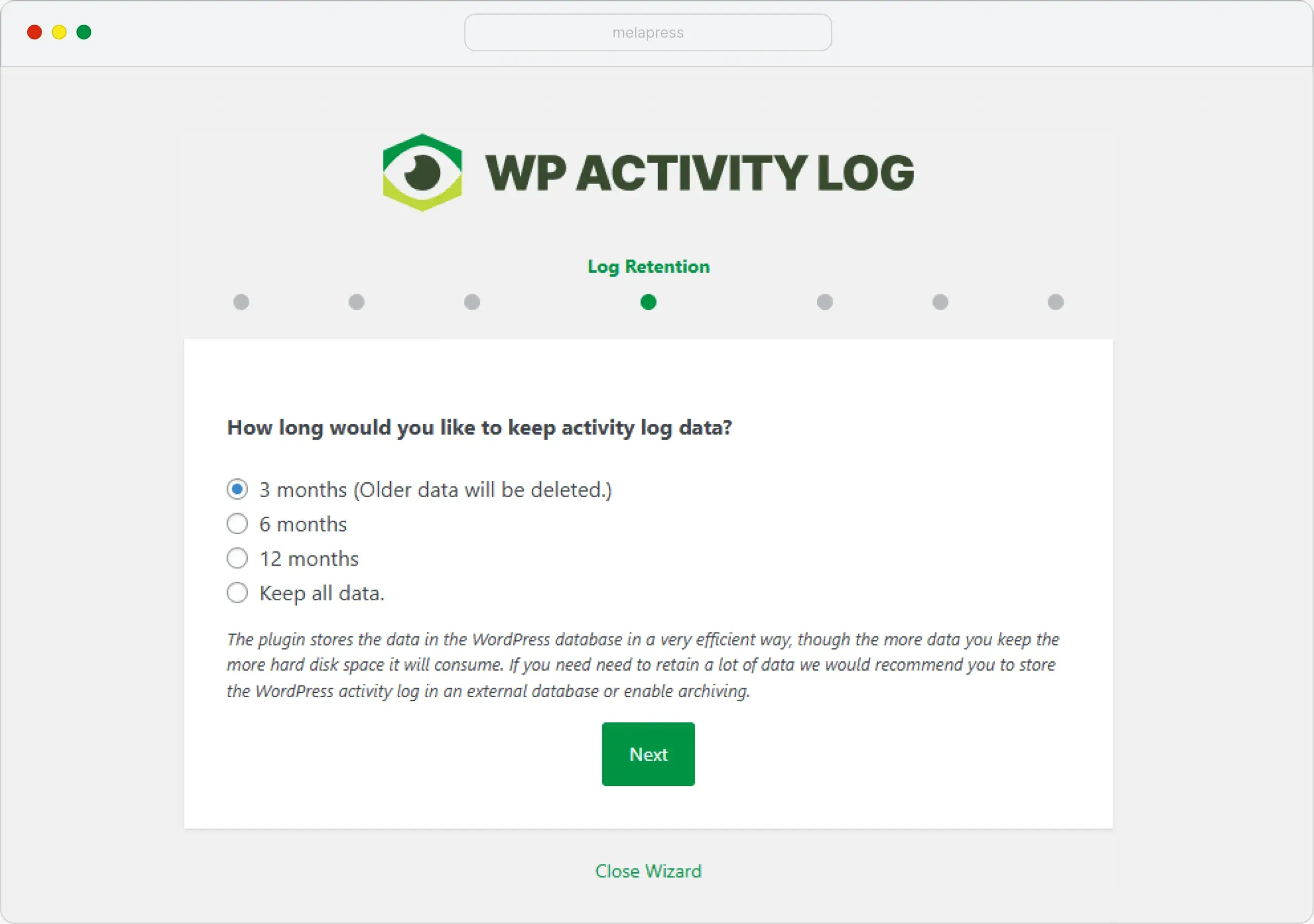 WP Activity Log configuration wizard data retention options
