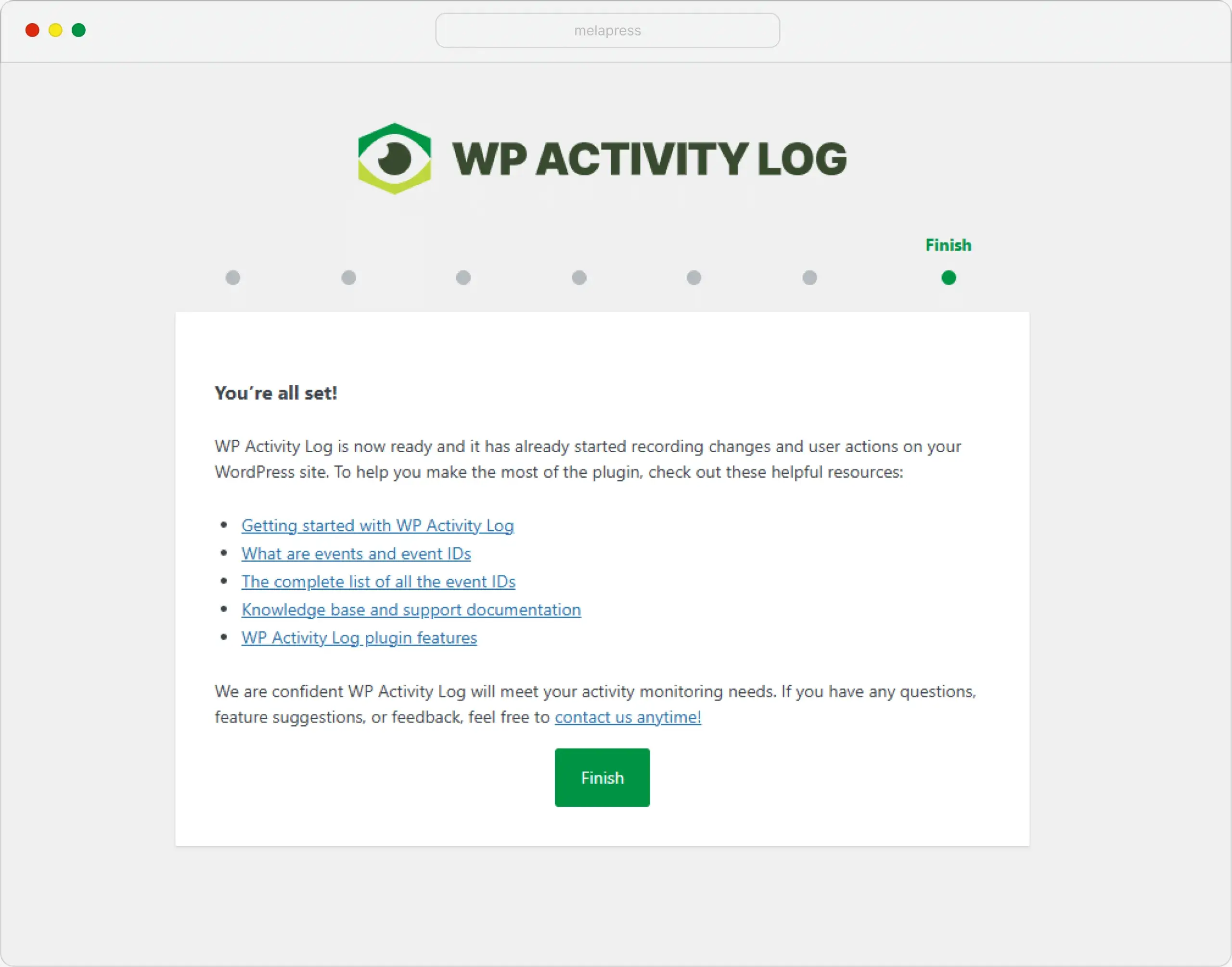 WP Activity Log configuration wizard finish