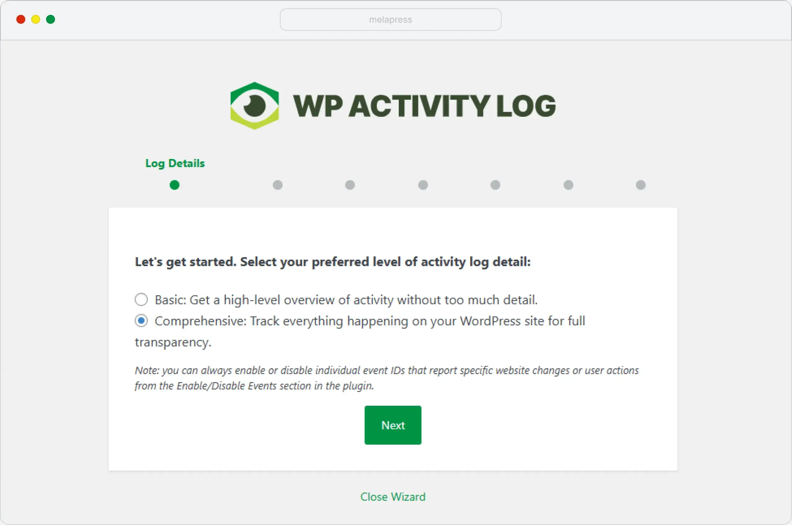 WP Activity Log configuration wizard log detail