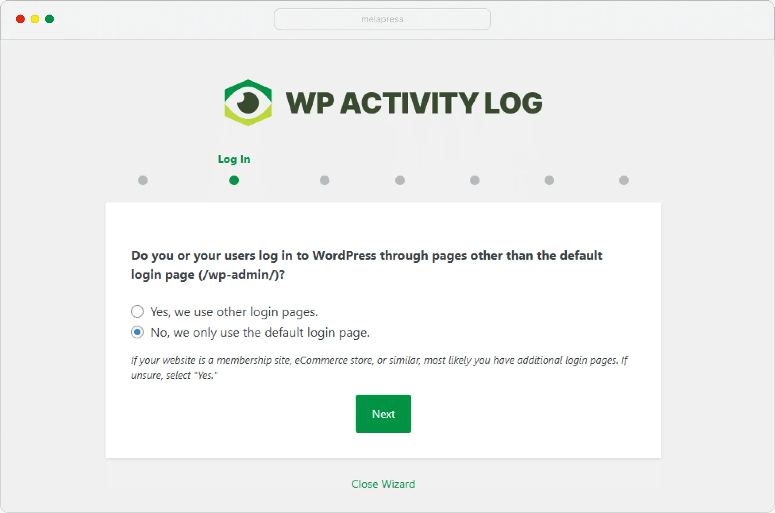 WP Activity Log configuration wizard login page options.