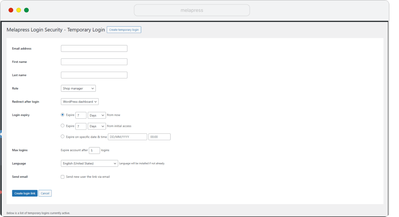 Adding a temporary login in WordPress using Melapress Login Security