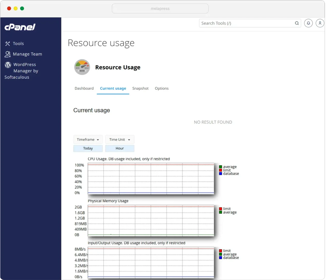 A screenshot of cPanel resource usage
