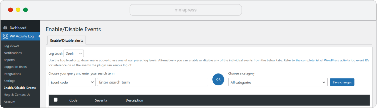 A screenshot of WP Activity Log showing the enable/disable events functionality