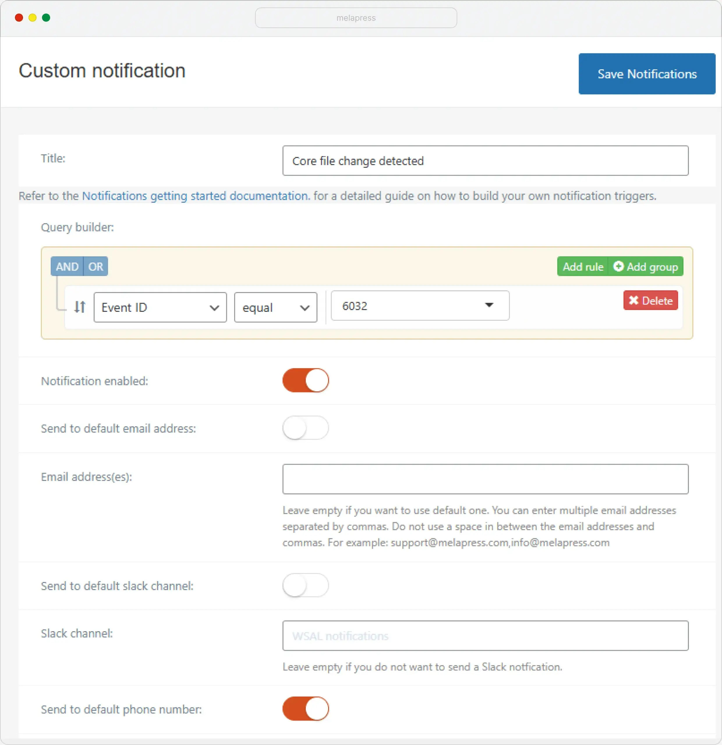A screenshot of a custom SMS notification for core file changes
