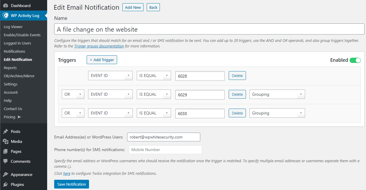 Trigger to send an email when file changes are reported in the activity log