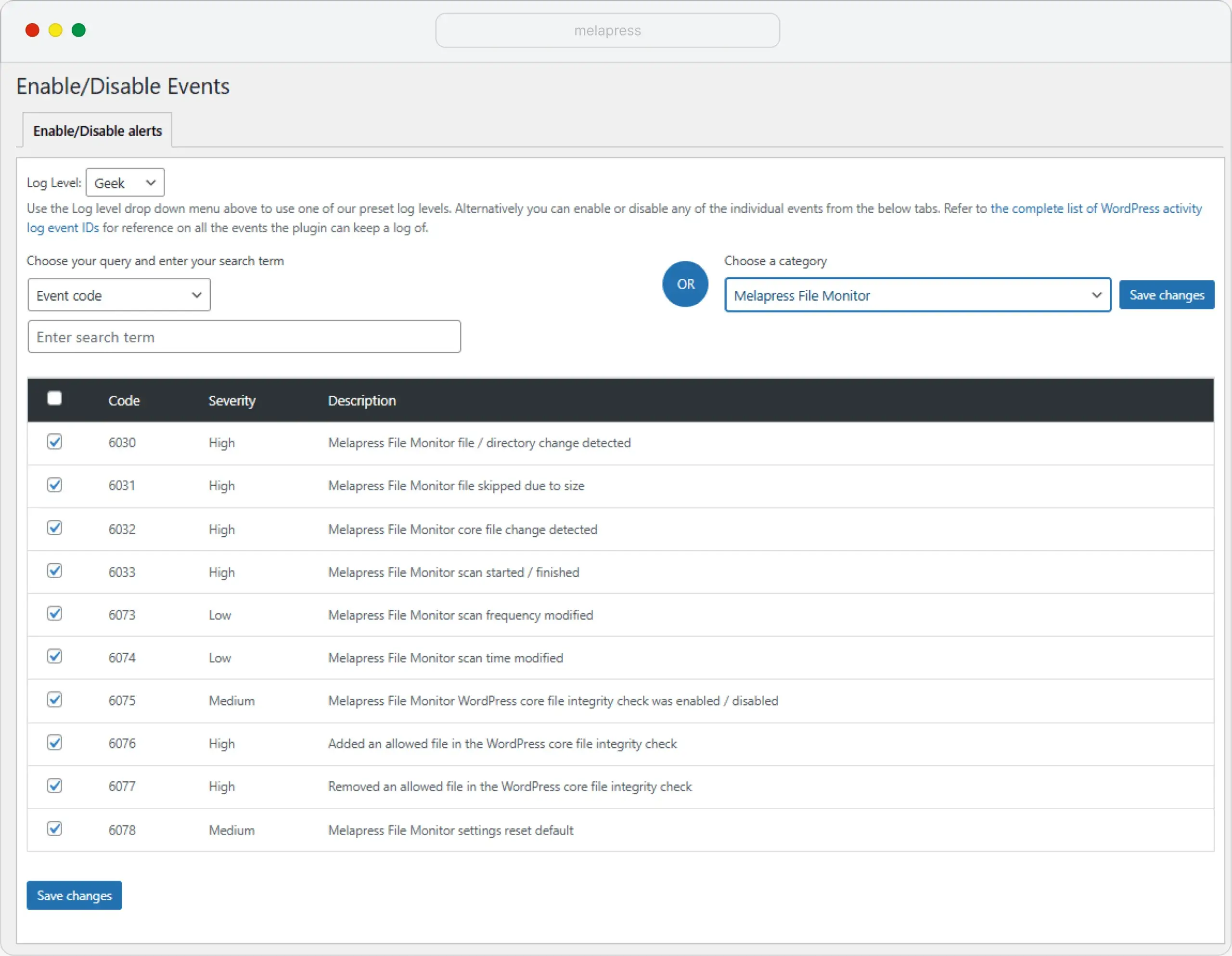 Enable or disable WordPress file monitoring events from the activity log