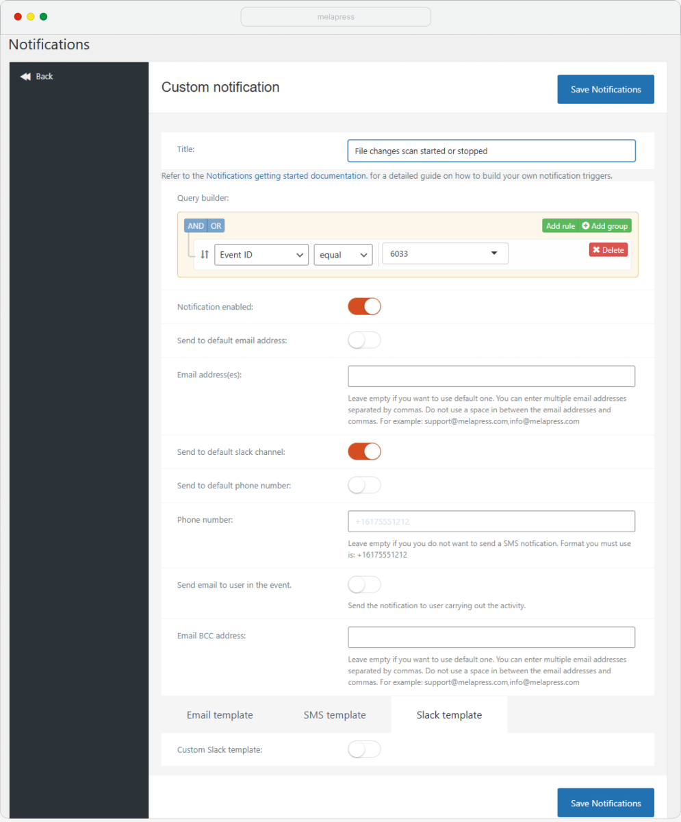 Screenshot of a custom Slack notification in WP Activity Log