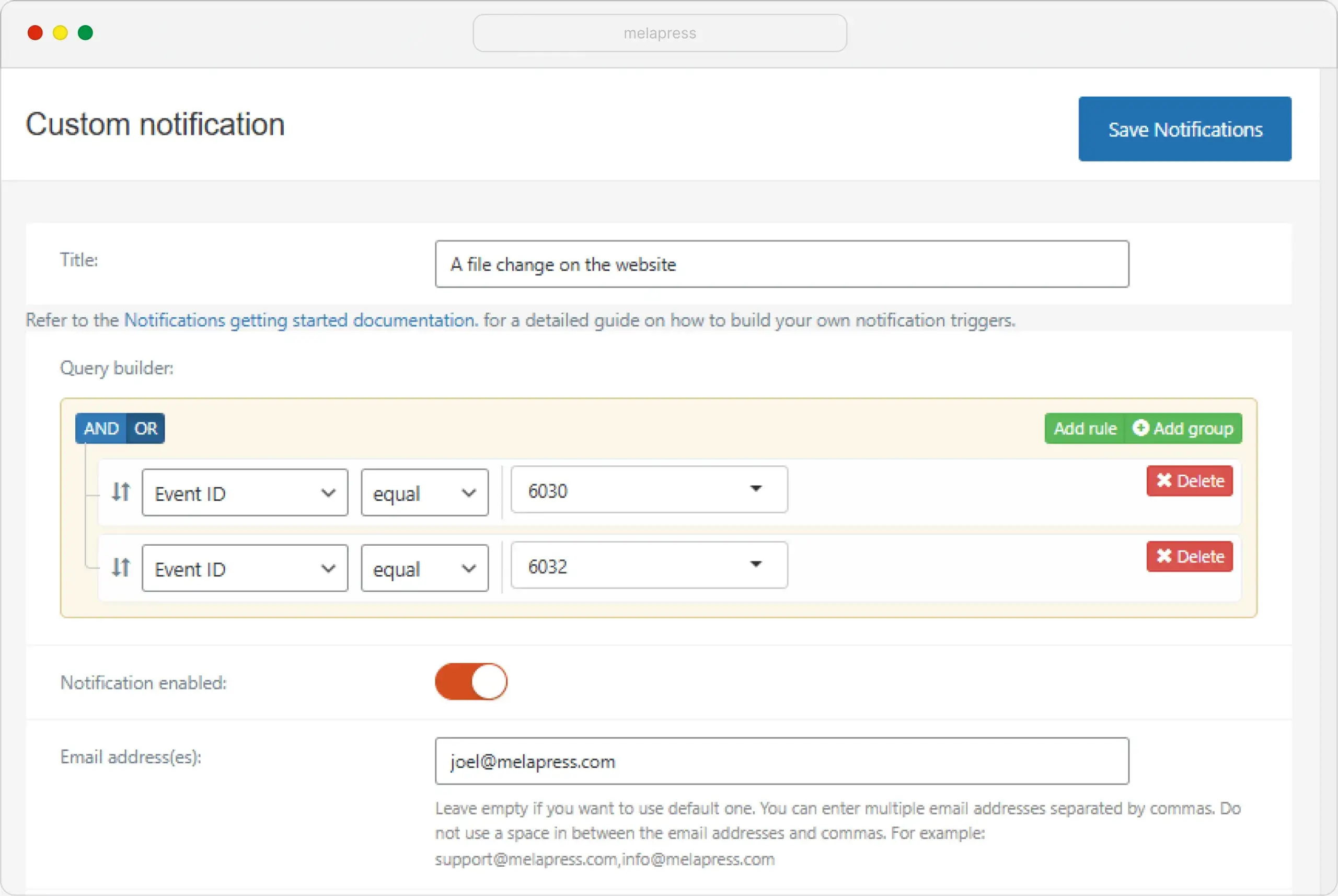 A custom email notification for WordPress file changes
