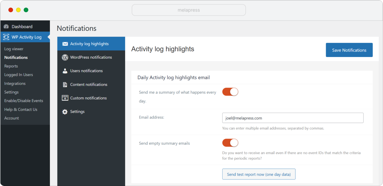 Configure the WordPress activity log highlights email
