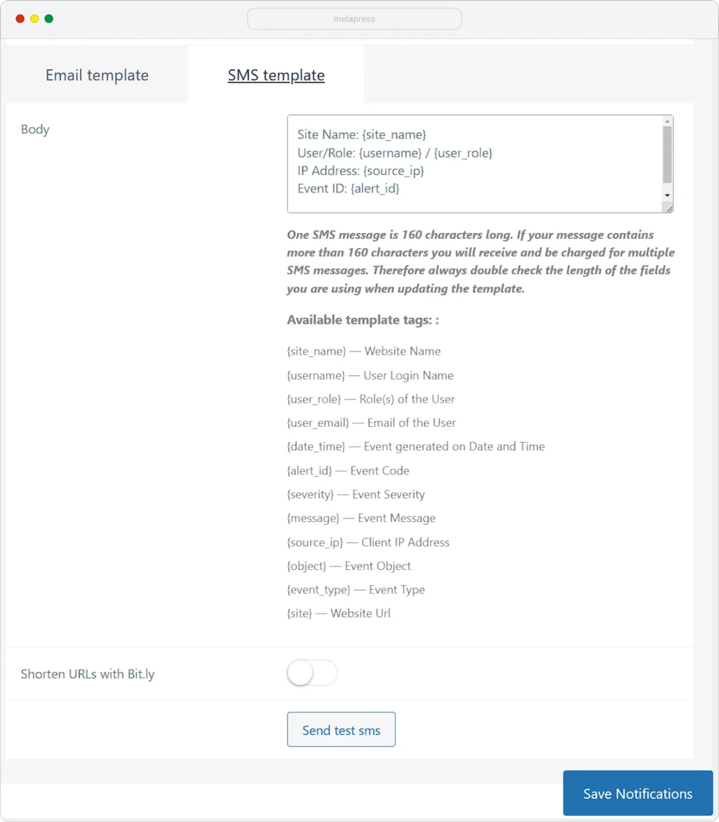 WP Activity Log SMS notifications template