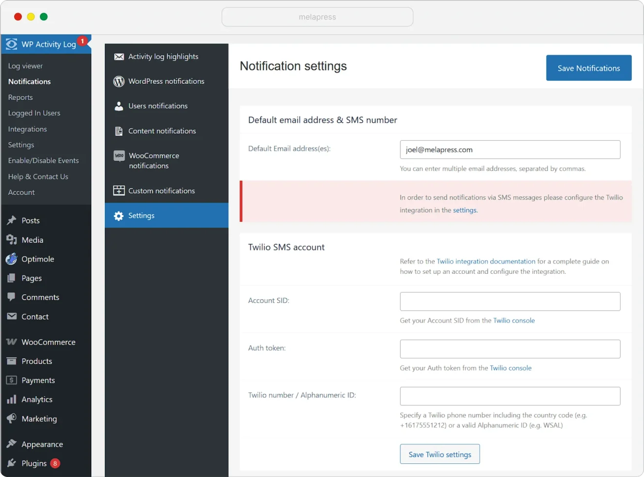 WP Activity Log Twilio integration settings