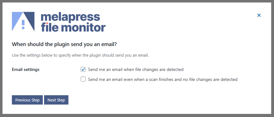 A screenshot of email settings. Choose when should the plugin send you an email.