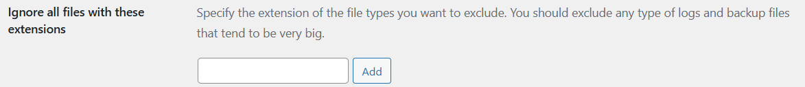 A screenshot of the ignore all files with these extensions textbox.