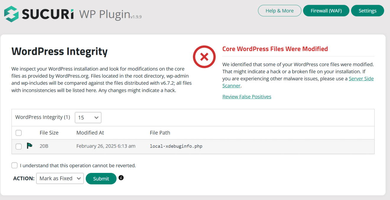 Sucuri displaying a warning that core files were modified