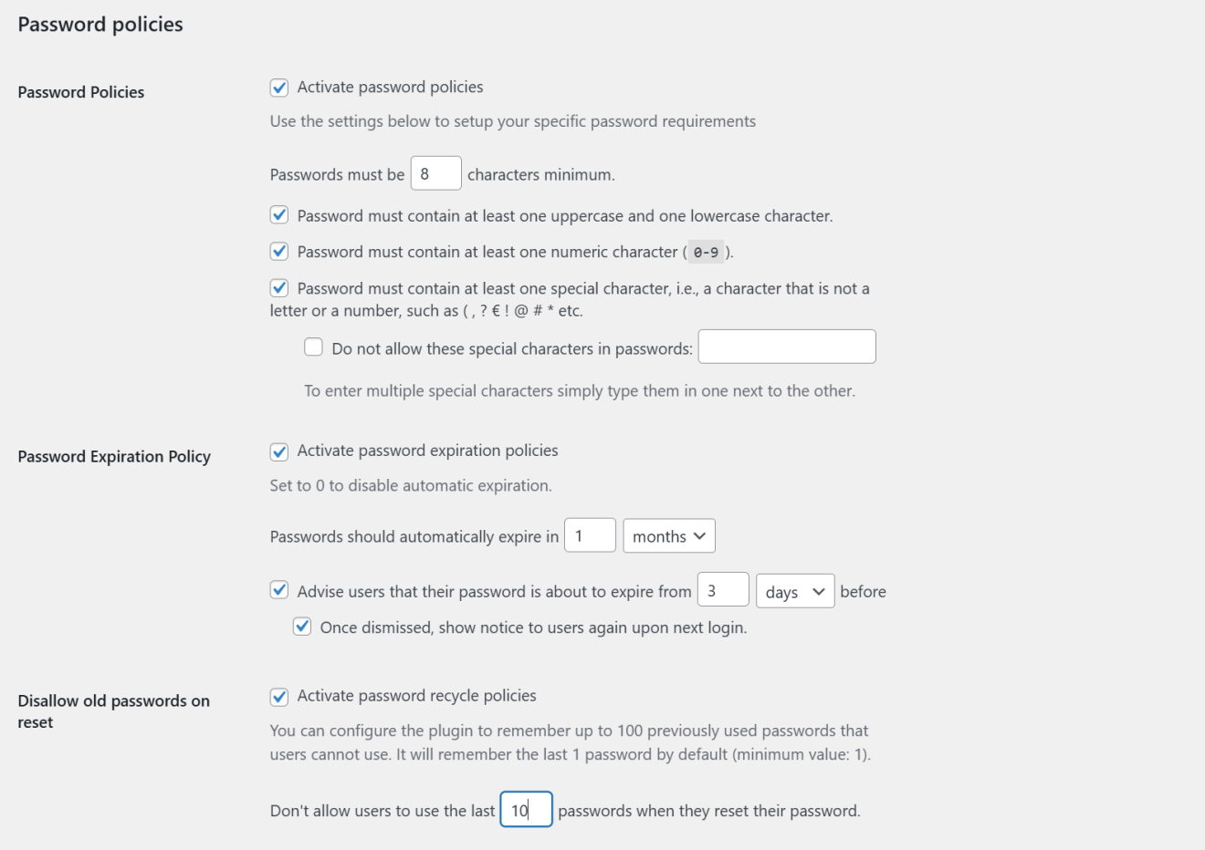 Wordpress password policies options in Melapress Login Security