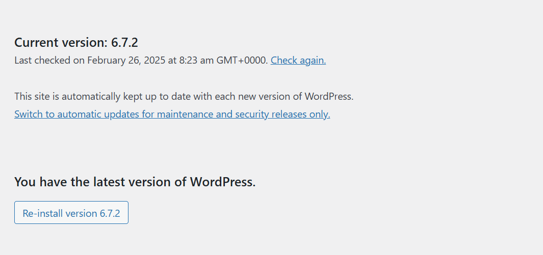 Reinstall WordPress core files from the dashboard