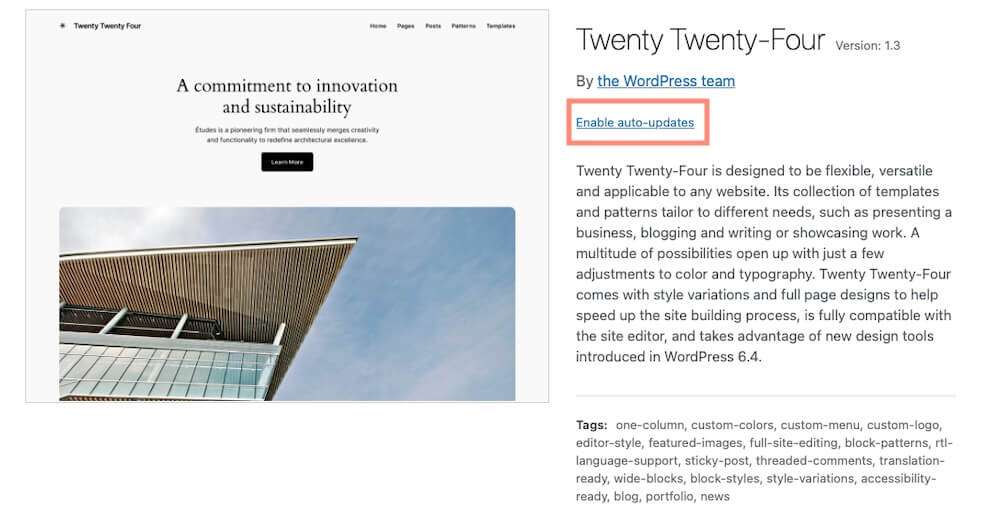 You can configure auto-updates for WordPress themes, too.