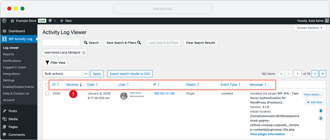 details WP Activity Log is showing