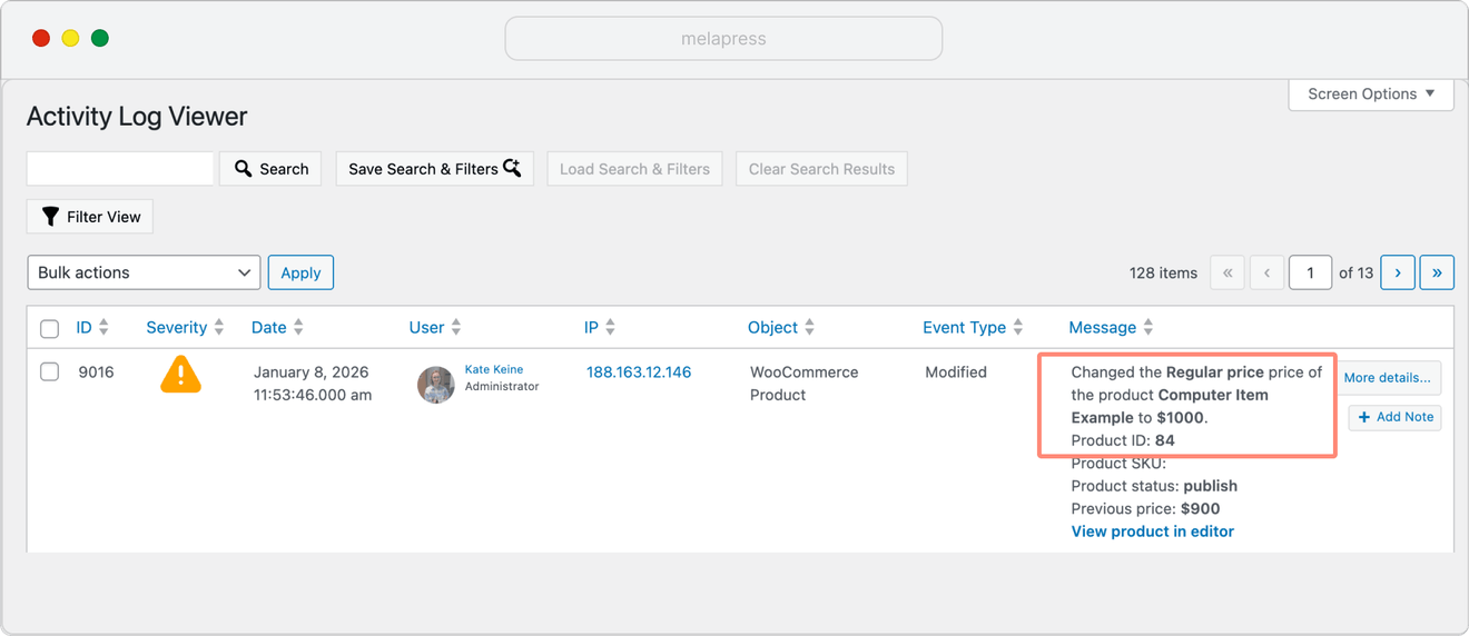 user changed price of product showing in activity log viewer