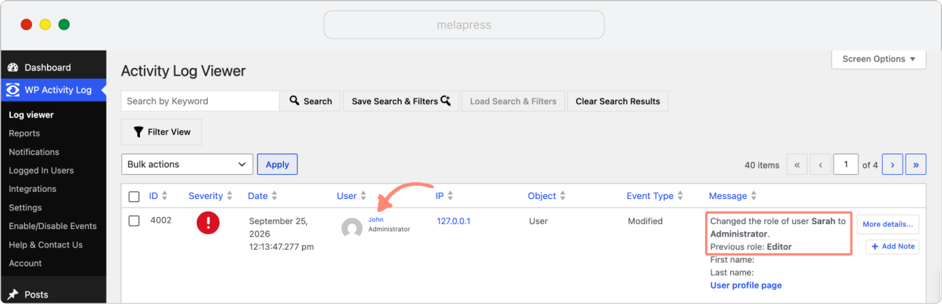 activity log showing user changed user role of editor