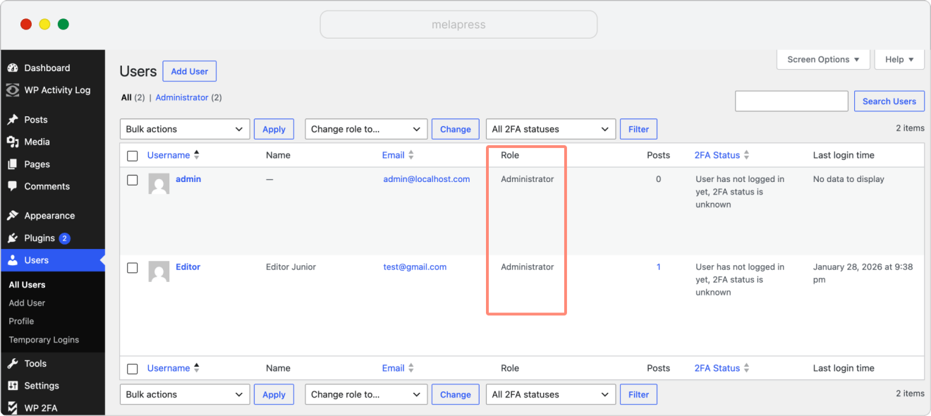 users tab in wordpress dashboard