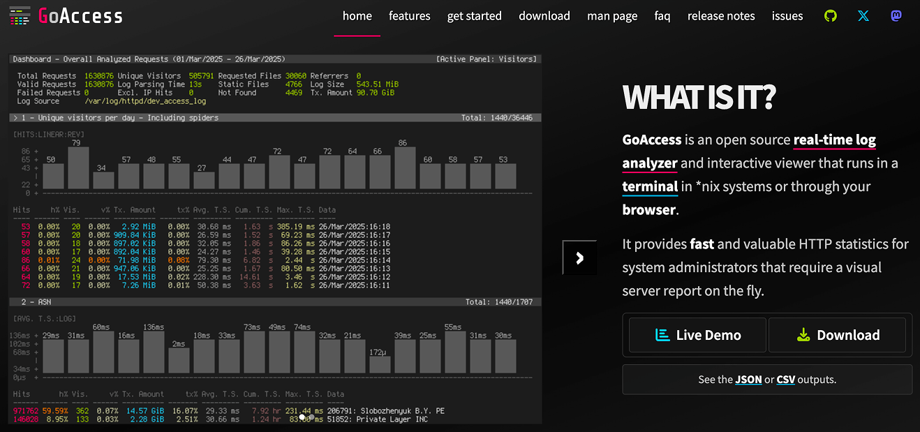 goaccess homepage is a real-time log analyzer