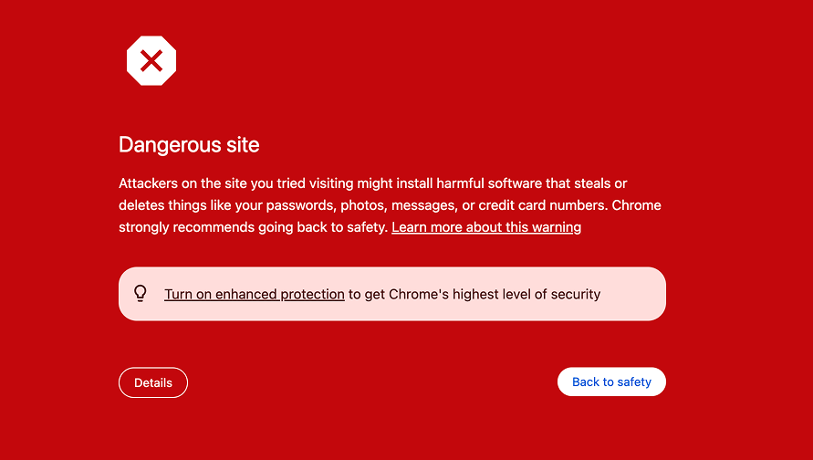 dangerous site notification on Google