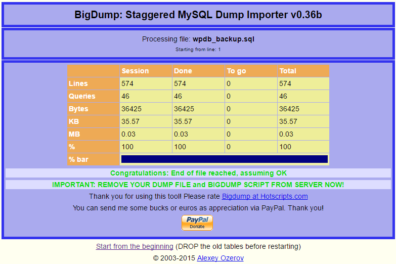 A screenshot of successful bigdump file import.