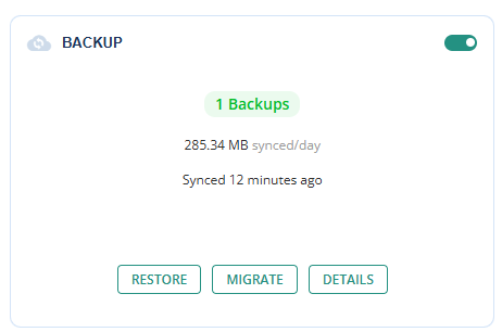 A screenshot of blogvault backup tile - 1 backups showing.