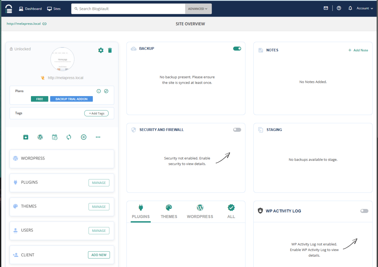 A screenshot of blogvault dashboard.