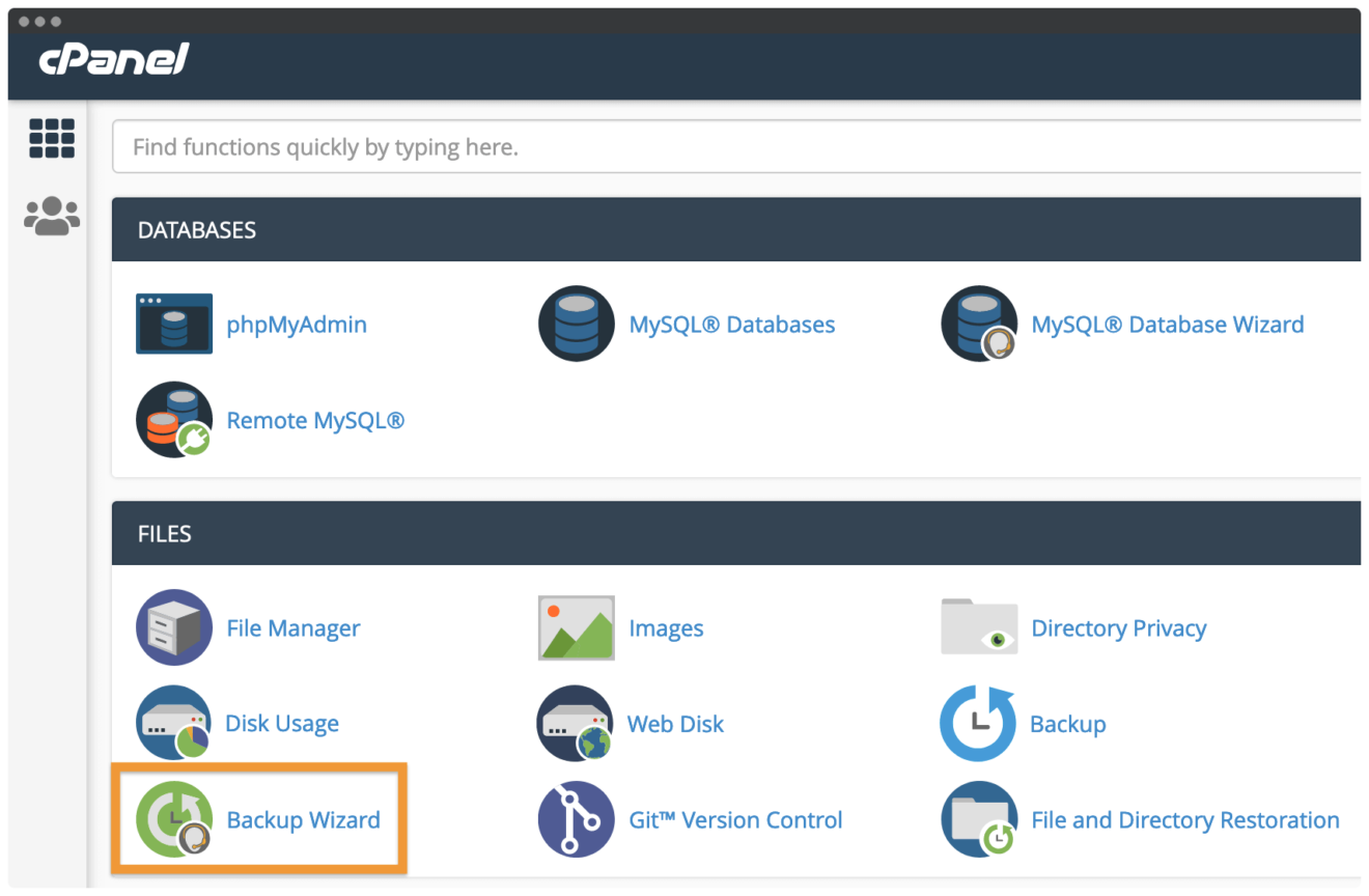 A screenshot of cpanel with backup wizard under files section marked.