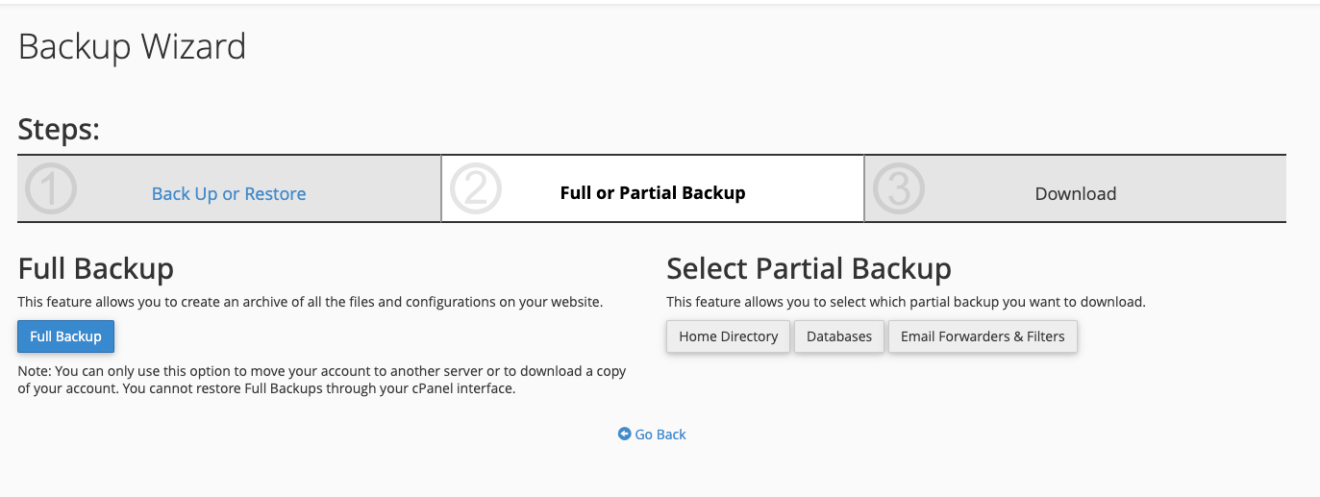 A screenshot of backup wizard with full or partial backup tab open.