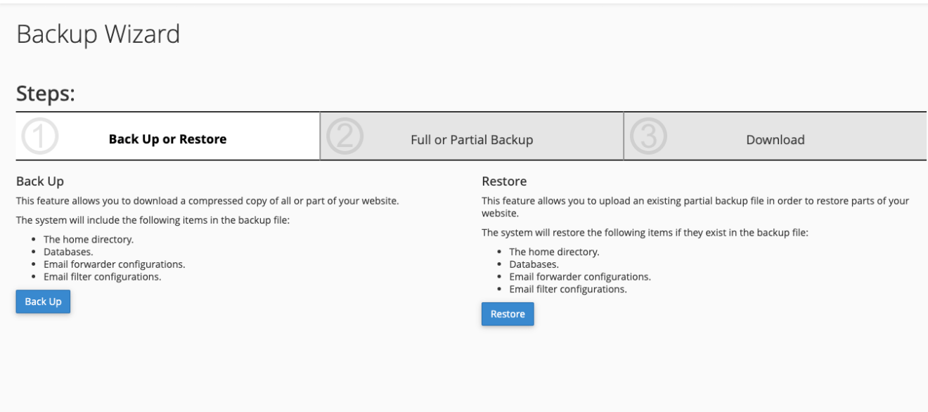 A screenshot of backup wizard with back up or restore tab open.