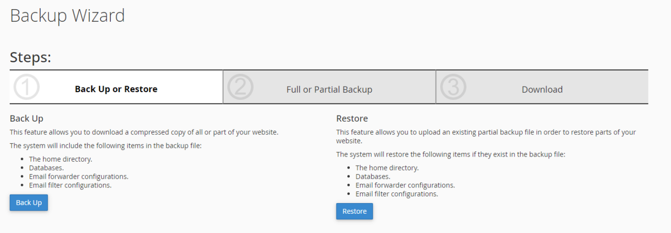 cPanel backup restore wizard options
