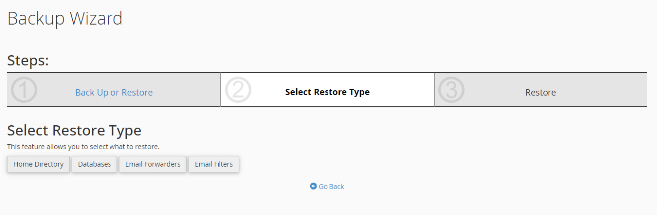 A screenshot of backup wizard with the select restore type tab open.