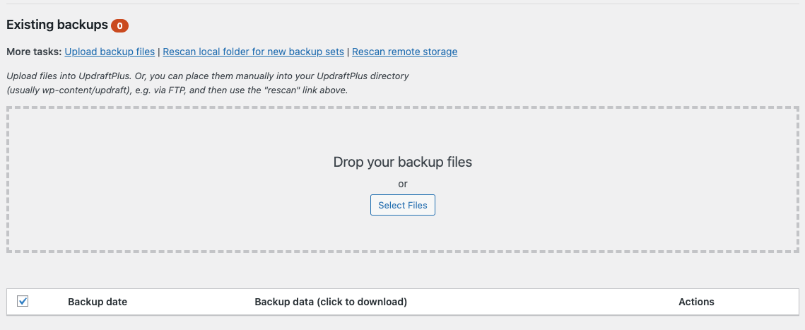 A screenshot of existing backups, drop your backup files or select files.