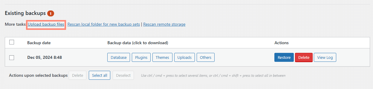 A screenshot of updraft existing backups with upload backup files marked.