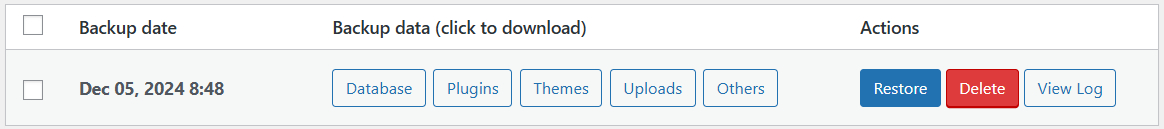 A screenshot of updraftplus list of backups.
