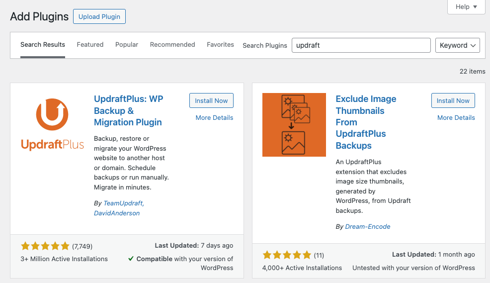A screenshot of wordpress plugins with updraftplus wp backup&migration plugin.