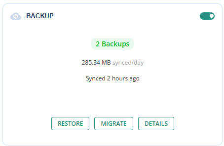 A screenshot of updraft backup tile with options - restore; migrate; details.