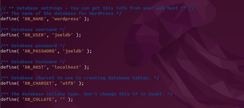 A screenshot of wp config database settings - the name of the database for wordpress.