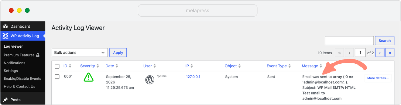 Email sent log in WP Activity Log