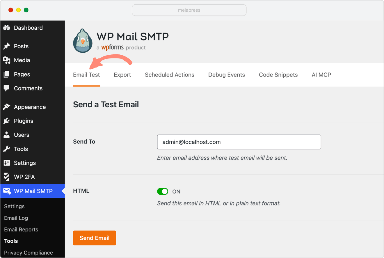 email test tab in wp mail smtp plugin