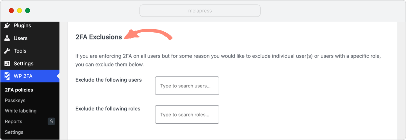 WP 2FA enforcement settings in the dashboard