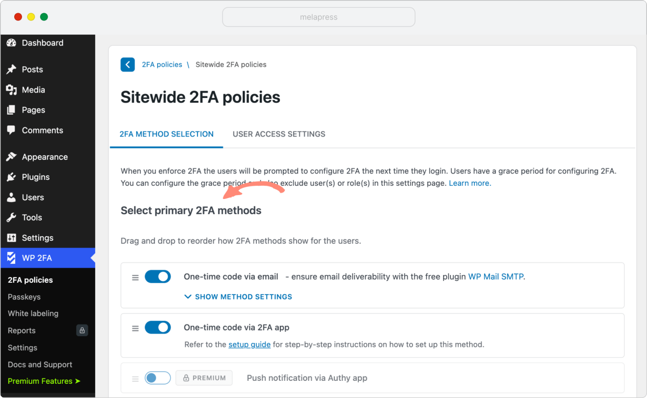 sitewide 2fa policies settings