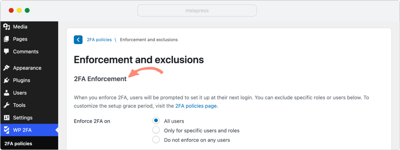 WP 2FA enforcement settings in the dashboard